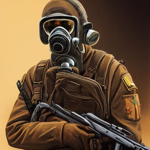 Image similar to portrait artwork of soldier wearing a gas mask holding ak-47. Desert background. Artwork by Dan Mumford, realistic cinematic lighting, ultra detailed, hyper realism