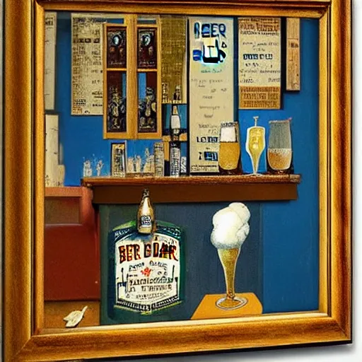 Prompt: A pint of beer sitting on a bar as painted by Joseph Cornell