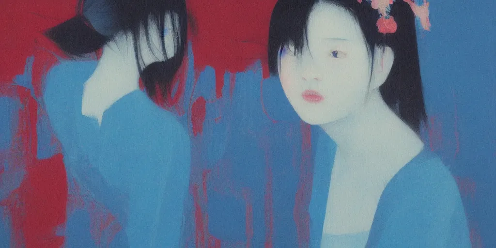 Image similar to painting of a girl by Yoshitomo Nara, azure tones, red color bleed