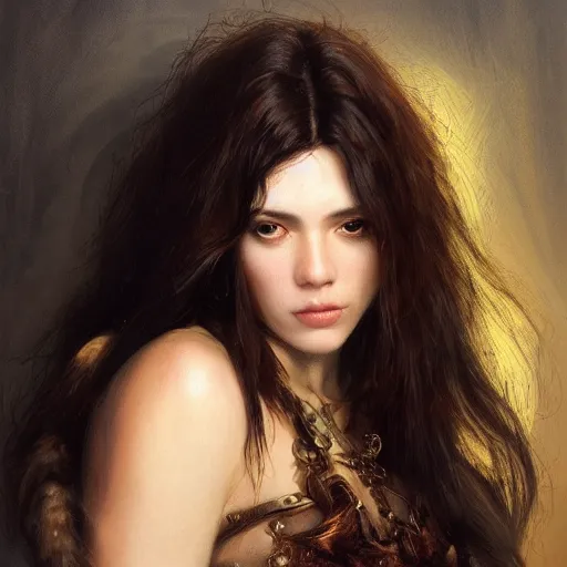 Image similar to of a beautiful brunette women intricate skin, fur, silicone cover, elegant, peaceful, full body, hyper realistic, extremely detailed, dnd character art portrait, fantasy art, intricate fantasy painting, dramatic lighting, vivid colors, deviant art, artstation, by edgar maxence and caravaggio and michael whelan and delacroix