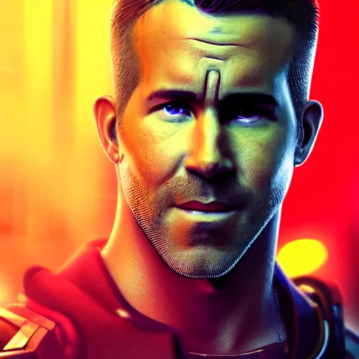 Image similar to ryan reynolds portrait, cyberpunk 2 0 7 7, cyberpunk, photorealistic, ultra detailed, neon, octane, bokeh, cinematic lighting, cyber, cyberpunk city, studio quality, feature, scars, cyberface, 8 k