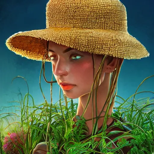 Prompt: slightly rusty nonhuman robot gardener in a straw hat, waters flowers, highly detailed, texture, background greenhouse, mild dreamy professional lighting, digital art, smooth, sharp focus, illustration, wide angle shot, full body visible, art by artgerm, by rutkowsky, from Treasure Planet,