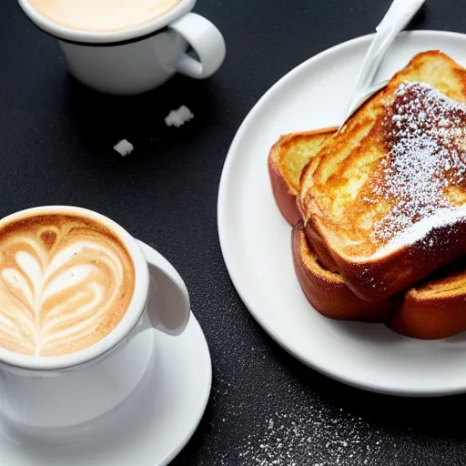 Prompt: French toast a cup of coffee with milk beside of the plate, Michelin star, award winning