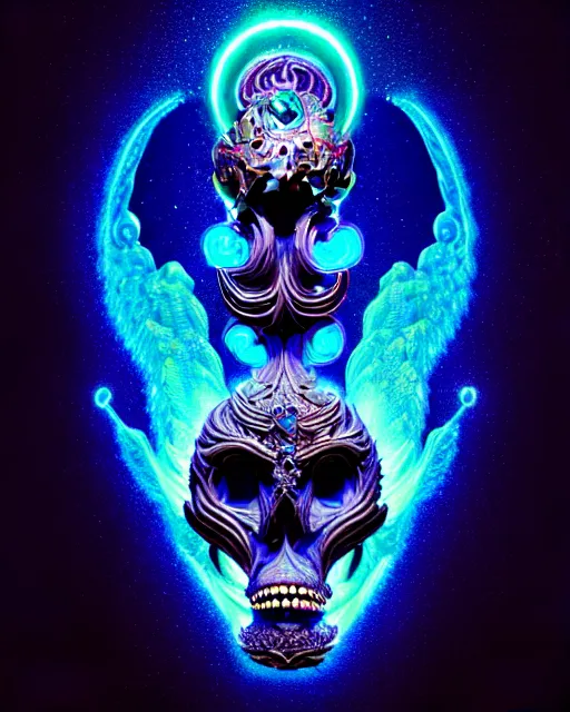 Image similar to 3 d ornate carved dark cosmic spirit with profile portrait, sigma 5 0 0 mm f / 5. beautiful intricate highly detailed quetzalcoatl skull. bioluminescent, plasma, lava, ice, water, wind, creature, thunderstorm! artwork by tooth wu and wlop and beeple and greg rutkowski, 8 k trending on artstation