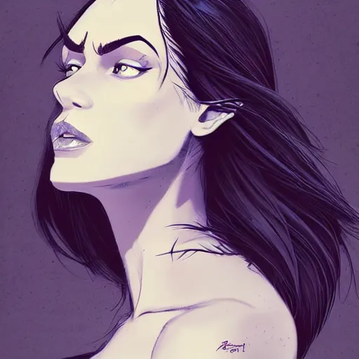 Image similar to a stunning upper body portrait of a beautiful woman with raven hair with a blue tint blowing in the wind by marvel comics, digital art, trending on artstation