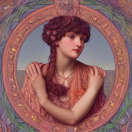 Image similar to hyperrealistic detailed portrait of an e - girl. egirl, art by ernst haeckel, john william godward, hammershøi, alphons mucha, pontormo, ornamental, decorative, art nouveau pattern, lights by hopper, pastel colours,