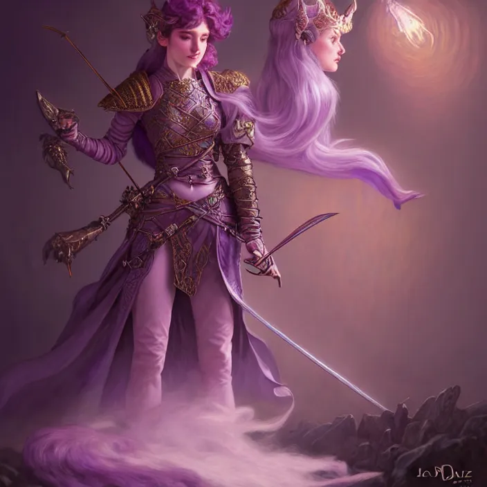 Image similar to d & d bard with her lilac leather armor, volumetric lighting, fantasy, intricate, elegant, highly detailed, lifelike, photorealistic, digital painting, artstation, fox ears illustration, concept art, sharp focus, by john collier and albert aublet and krenz cushart and artem demura and alphonse mucha