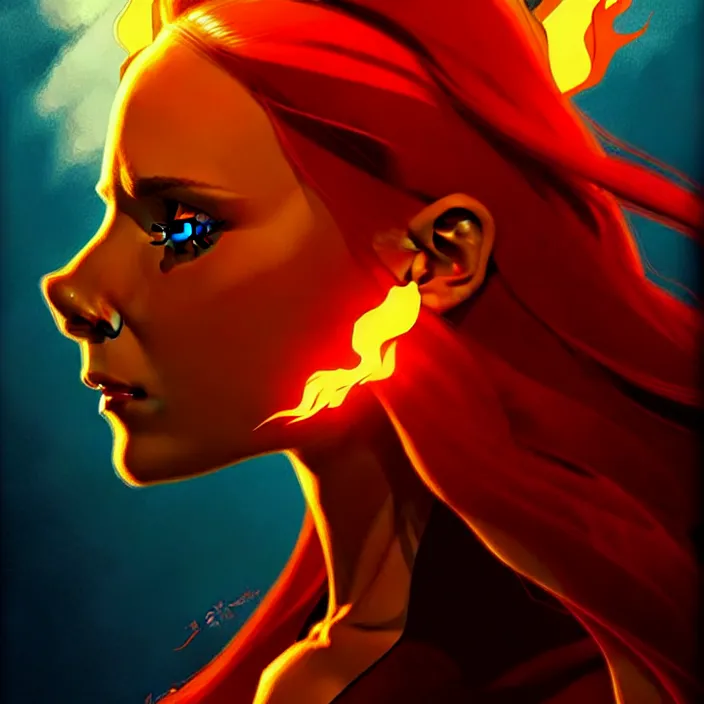 Image similar to style artgerm, joshua middleton, beautiful kristen bell with dark red dress, very long orange hair, symmetrical face, symmetrical eyes, fire powers fire swirling, detailed, volcano setting, cinematic lighting