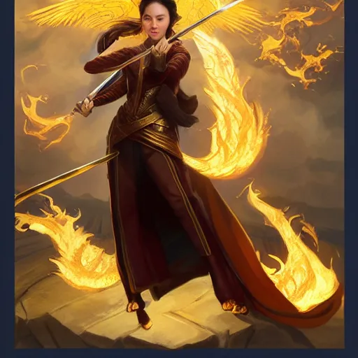 Image similar to Jessica Henwick clothed in pure golden light energy and holding a flaming sword, D&D, highly detailed, digital painting, artstation, concept art, sharp focus, illustration, art by artgerm and greg rutkowski and alphonse mucha