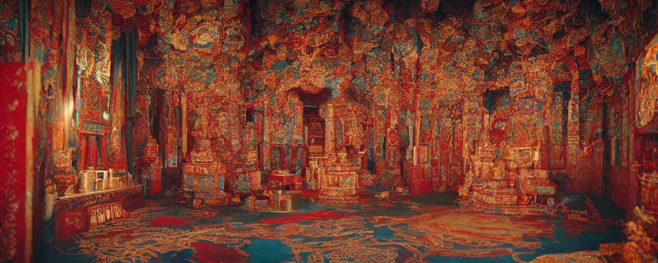 Image similar to an interior of an ancient tibetan temple adorned with intricate spaghetti designs, canon 5 0 mm, cinematic lighting, photography, retro, film, kodachrome, closeup