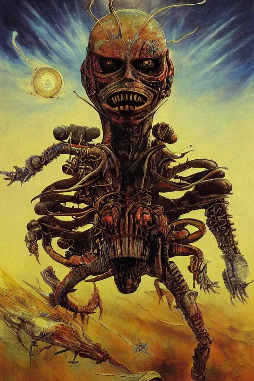 Prompt: beautiful clean oil painting of alienic warrior being on space motorbike in style of iron maiden cover arts by wayne barlowe, rembrandt, complex, stunning, realistic, skin color