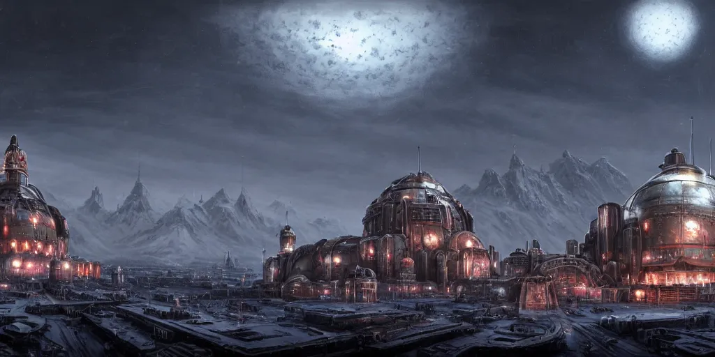 Image similar to a beautiful highly detailed matte painting of a huge imperial Russian futuristic brutalist military installation, close up intimate view, snow capped mountains in the background, black domes and radio spires with blinking lights, Space Hulk, WarHammer 40k by Jose Daniel Cabrera Pena and Leonid Kozienko, concept art-H 640