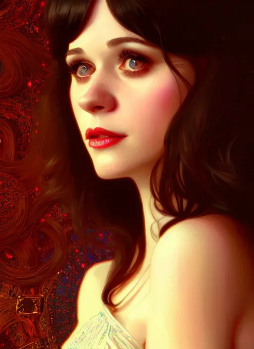 Image similar to portrait of zooey deschanel!, intricate, elegant, glowing lights, highly detailed, digital painting, artstation, glamor pose, concept art, smooth, sharp focus, illustration, art by wlop, alphonse mucha and craig mullins