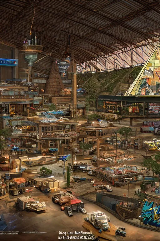 Prompt: Cybertronian Bass Pro Shop Memphis Pyramid, long shot, cinematography by Wes Anderson, 4k octane render, intricate detail, photorealistic , cinematic lighting, Artstation