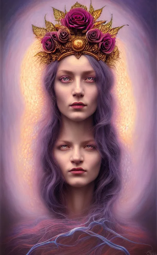 Prompt: portrait of a beautiful rose goddess, unusual beauty, esoteric, outher worldly colours, head in focus, fantasy art, ornamental rose blue aesthetics,, intricate, elegant, highly detailed hyperrealistic painting, artstation, concept art, painterly, golden ratio, sharp focus, illustration, art by tomasz alen kopera