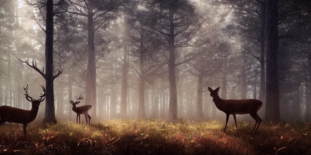 Image similar to forrest with beautiful deer, superwide angle, light through the mist, dramatic lighting, photorealistic, cinematic lighting, high detail, cinematic feel, high octane, 4 k, unreal engine, digital render, intricate, ultra realistic, concept art