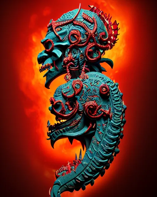 Image similar to 3 d ornate carved hellboy with tattoos profile portrait, sigma 5 0 0 mm f / 5. beautiful intricate highly detailed quetzalcoatl skull. bioluminescent, plasma, lava, ice, water, wind, creature, thunderstorm! artwork by tooth wu and wlop and beeple and greg rutkowski, 8 k trending on artstation