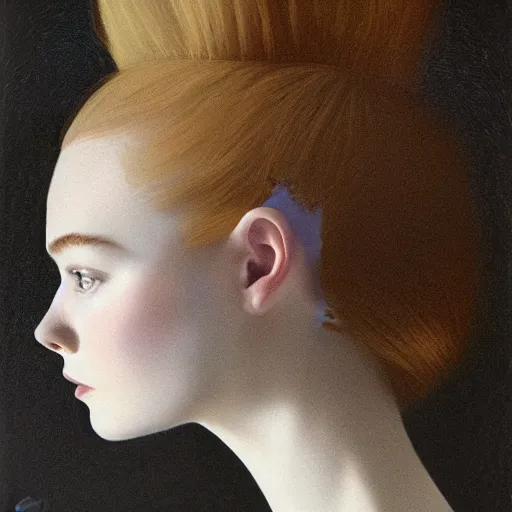 Prompt: Elle Fanning in a nightmare, head and shoulders portrait, extremely detailed masterpiece, Roger Deakin’s cinematography, illustration, by Michael Sowa,