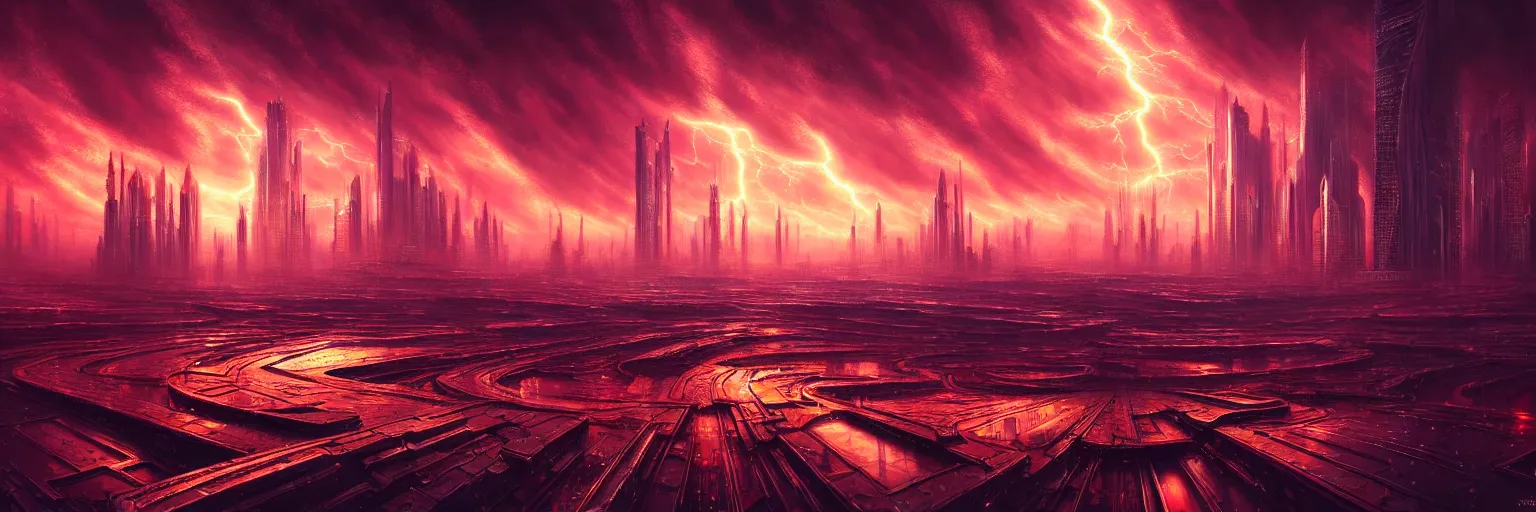 Prompt: ultra realist intricate detailed landscape painting of an alien world with mirrored skyscrapers and neon lights, red sky electrical storm, dystopian, symmetry accurate features, very intricate details, bokeh focus, 8 k render, artstyle andree wallin, award winning