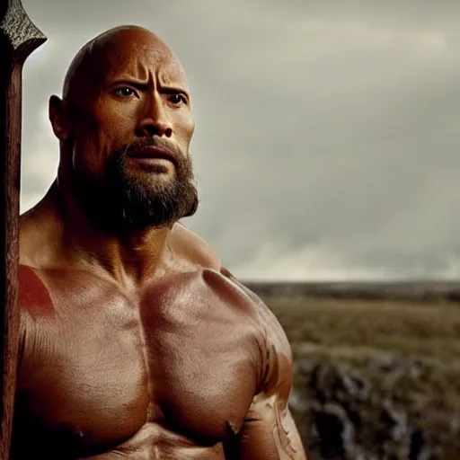 Prompt: Dwayne Johnson as viking , film still