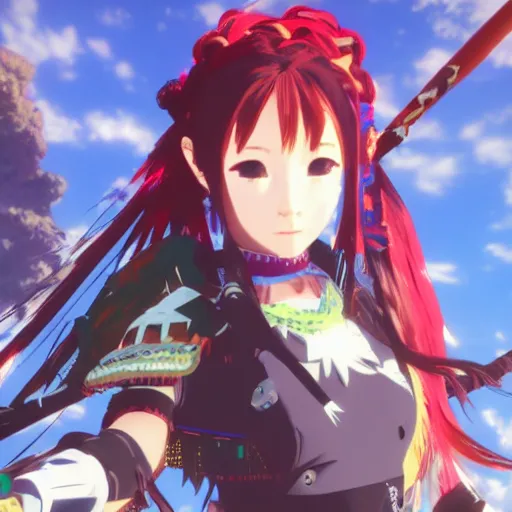 Image similar to anime girl in the style of horizon zero dawn