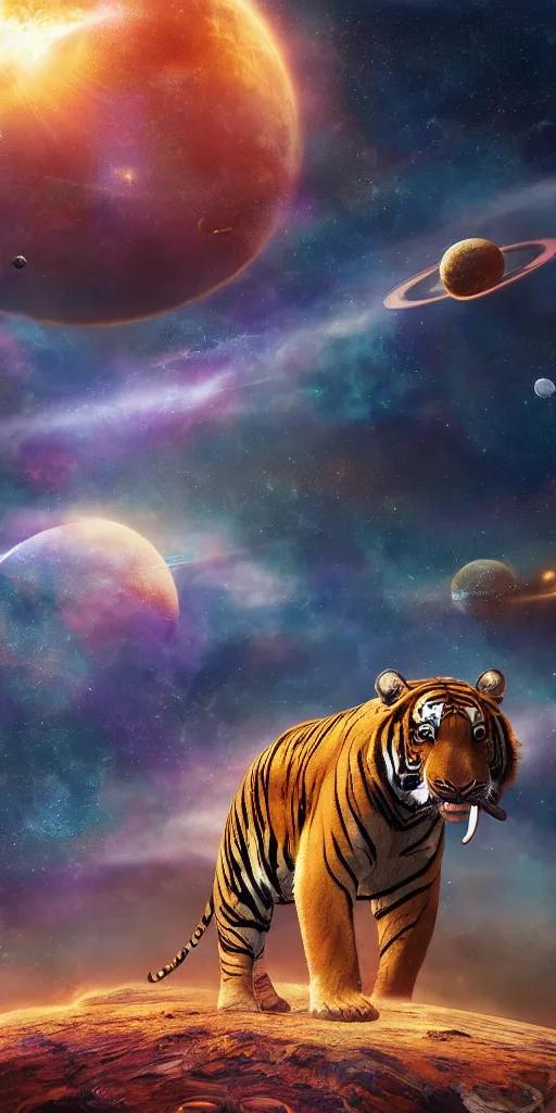 Image similar to planet - sized tiger elephant in space, next to the sun and stars, very wide shot, epic composition, hyper detailed, digital art, trending in artstation, cinematic lighting, studio quality, unreal engine 5 rendered, art style by klimt and nixeu and ian sprigger and wlop and krenz cushart