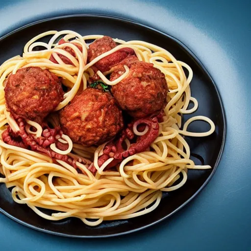 Image similar to octopus with spaghetti as its tentacles, and a meatball as its body