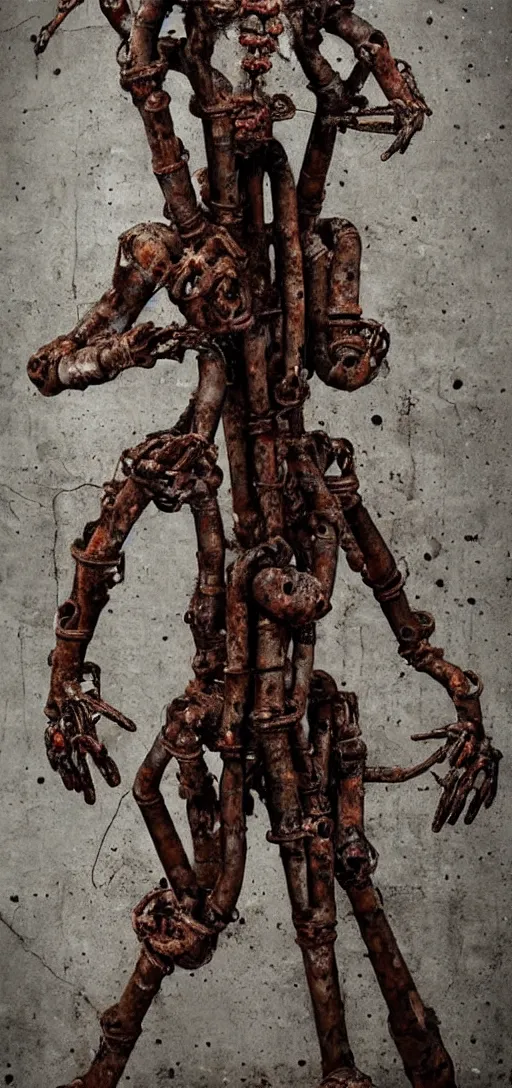 Image similar to a disfigured humanoid figure made out of rusty pipes and machinery, horror, body horror, creepy, dark, disturbing, unsettling, hyperrealistic, dramatic,