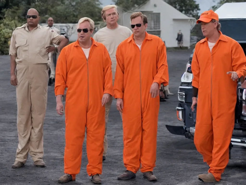 Image similar to screenshot of donald trump in arrested development wearing an orange jumpsuit