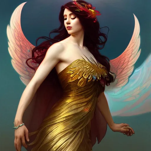 Image similar to a beautiful orchid phoenix angel woman, in an ornamented dress with large wings, volumetric light, god rays, 8 k high resolution, rubies, by greg rutkowski, artgerm, alphonse mucha