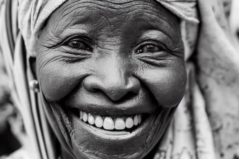 Image similar to still photo of a old african woman smiling at the camera on the street, black and white color aesthetic, highly detailed, photorealistic portrait, bright studio setting, studio lighting, crisp quality and light reflections, unreal engine 5 quality render