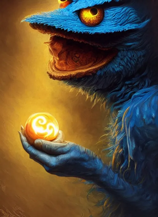 Image similar to cookie monster glowing eyes, shamanic poster lsd art, intricate, elegant, highly detailed, centered, digital painting, artstation, concept art, smooth, sharp focus, illustration, artgerm, tomasz alen kopera, peter mohrbacher, donato giancola, joseph christian leyendecker, wlop, frank frazetta