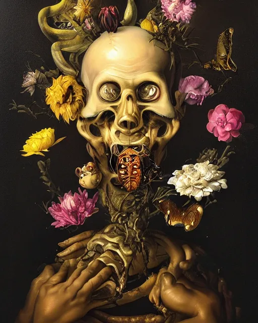 Image similar to refined gorgeous blended oil painting with black background by christian rex van minnen rachel ruysch dali todd schorr of a chiaroscuro portrait of an extremely bizarre disturbing mutated man made of still life flowers and rubber insects with shiny skin acne dutch golden age vanitas intense chiaroscuro cast shadows obscuring features dramatic lighting perfect symmetry perfect composition masterpiece