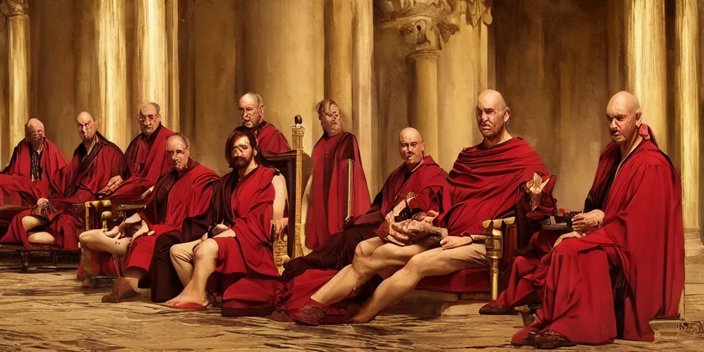 Image similar to beautiful oil matte portrait painting, ancient senators in royal crimson robes sit in tribunes, highly detailed, beautiful cinematic light deep focus, elegant, digital painting, smooth, sharp focus, golden ratio, dramatic illumination, art by aleksi briclot, rutkowski and caravaggio