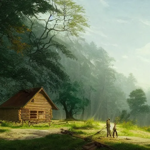 Image similar to a homesteader standing on the porch of his log cabin. pastoral tribute to caspar david friedrich. a wide expansive valley with verdant foliage, tall broad oaks, a beautiful pellucid river running betwixt gorgeous igneous rock driven up by glaciers borderlands cel-shading illustration ismail inceoglu