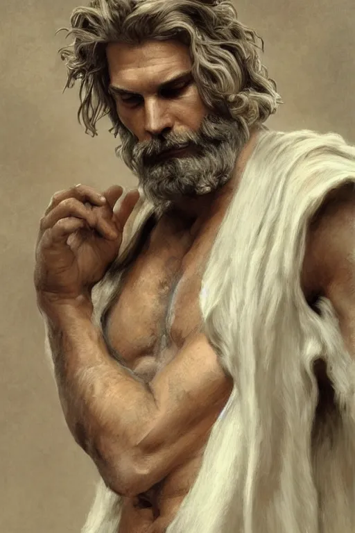 Image similar to painted portrait of rugged zeus, god of thunder, greek god, white hair, masculine, mature, handsome, upper body, flowy robe, muscular, hairy torso, fantasy, intricate, elegant, highly detailed, digital painting, artstation, concept art, smooth, sharp focus, illustration, art by gaston bussiere and alphonse mucha