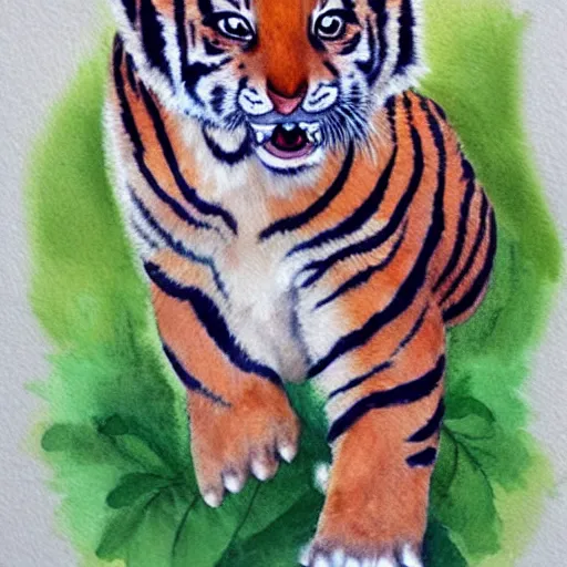 Prompt: a cute tiny tiger baby smelling a flower, watercolor, very detailed, high quality