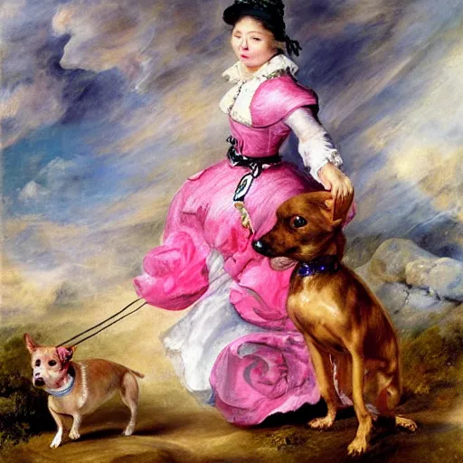 Image similar to heavenly summer sharp land sphere scallop well dressed lady walking her little pink chihuahua by the leash, auslese, by peter paul rubens and eugene delacroix and karol bak, hyperrealism, digital illustration, fauvist, walking her little pink chihuahua by the leash