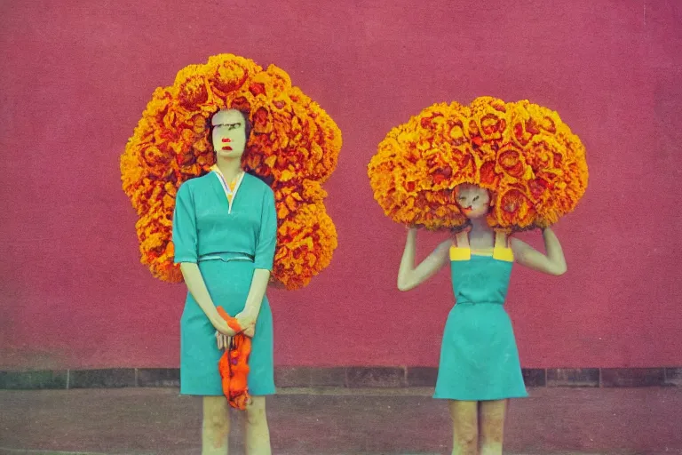 Image similar to giant flower head, girl standing, 1 9 6 0 s architecture, surreal photography, frontal, symmetry, mid century, liminal space, bright colours, wes anderson