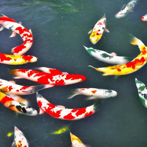 Image similar to sumi - e of colorful koi swirling in a pond