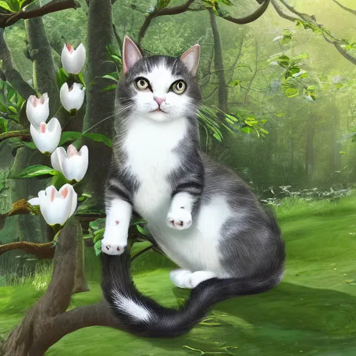 Prompt: cute cat with white magnolia trees inspired by Ferdinand Knab, artstation, 8k, photorealism