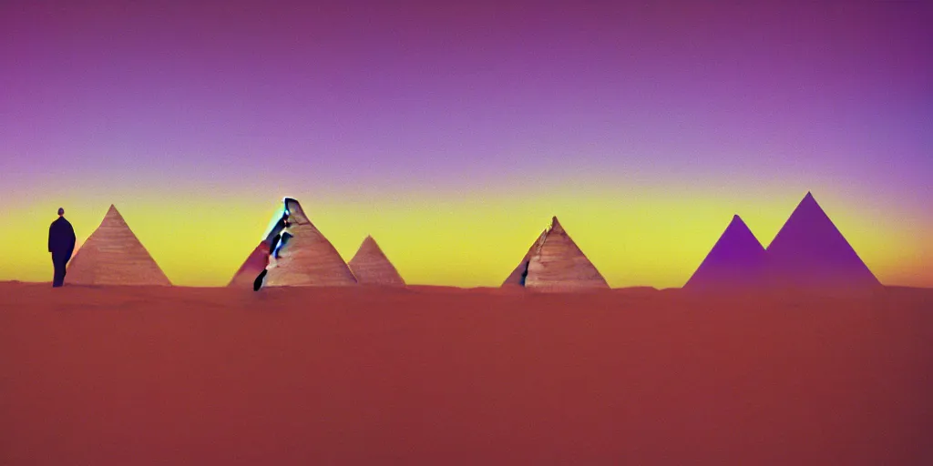 Prompt: purple digital desert, dawn, man in holographic coat, pyramids on the horizon, abstract holographic pastel, 1 9 8 0 s retro futuristic art, synthwave style, 3 5 mm photography, exposed film
