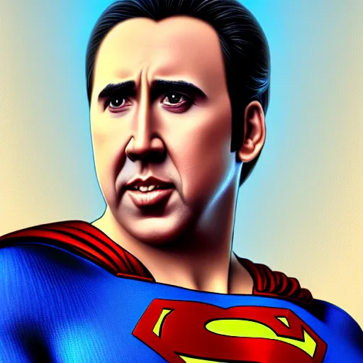 Image similar to portrait of nicolas cage as superman, intricate, elegant, highly detailed, digital painting, artstation, concept art, smooth, sharp focus, illustration, art by artgerm and greg rutkowski and alphonse mucha, 8 k