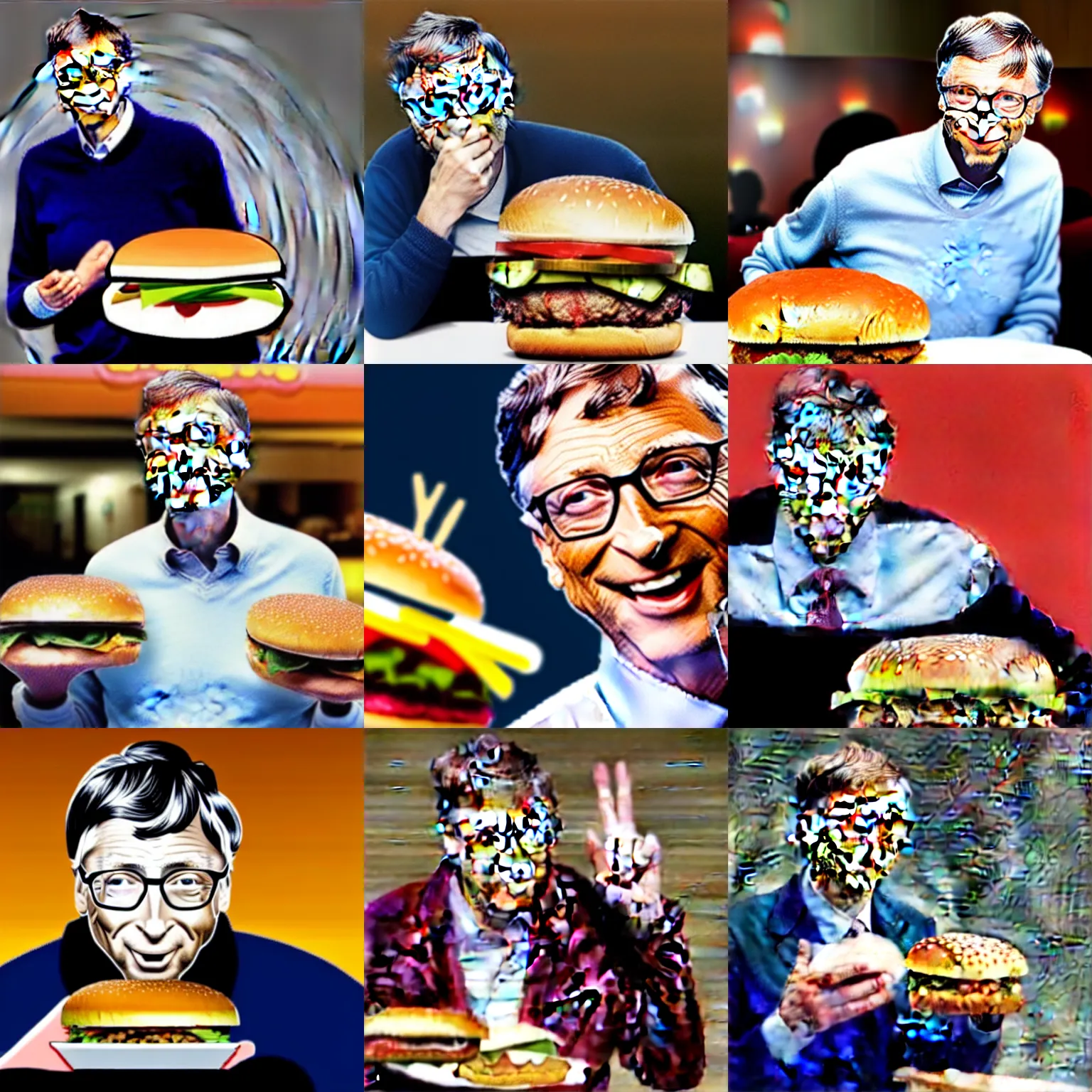 Prompt: photo of bill gates struggling to eat a giant hamburger