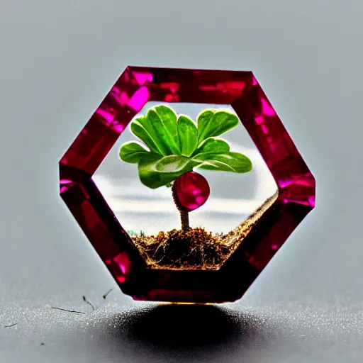 Image similar to a plant growing a polished cut ruby gemstone