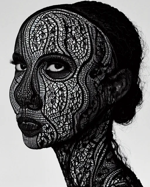 Image similar to a black woman's face in profile, made of intricate lace skeleton, in the style of the dutch masters and gregory crewdson, dark and moody