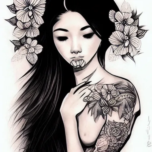 Prompt: tattoo design, stencil, traditional, beautiful portrait of a Asian girl with flowers in her hair, upper body, by artgerm, artgerm, digital art, cat girl, sexy