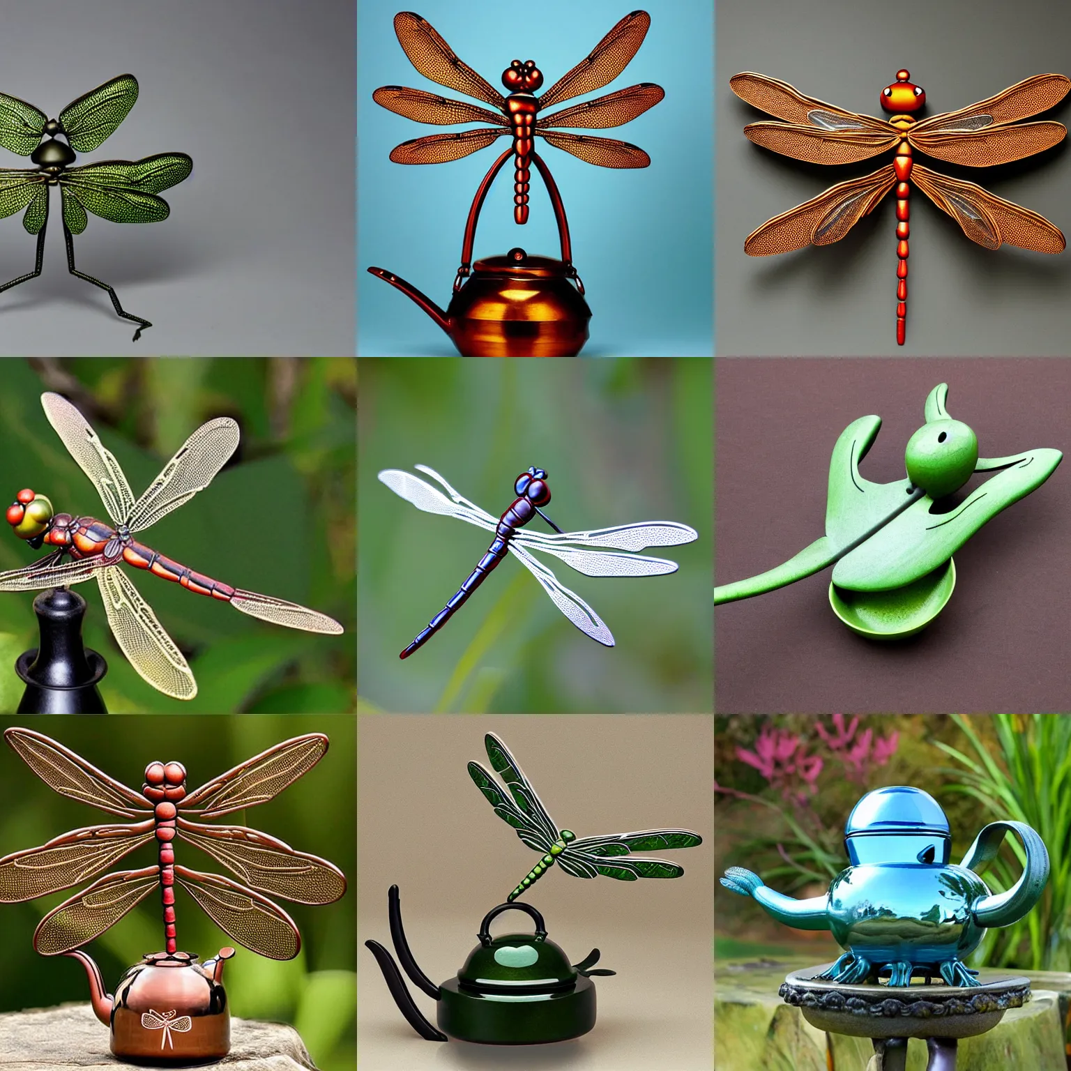 Prompt: Dragonfly-shaped, dragonfly-like, a bespoke dragonfly-formed teakettle in the shape of a dragonfly, that looks like a dragonfly, that has the form of a dragonfly, dragonfly-shaped