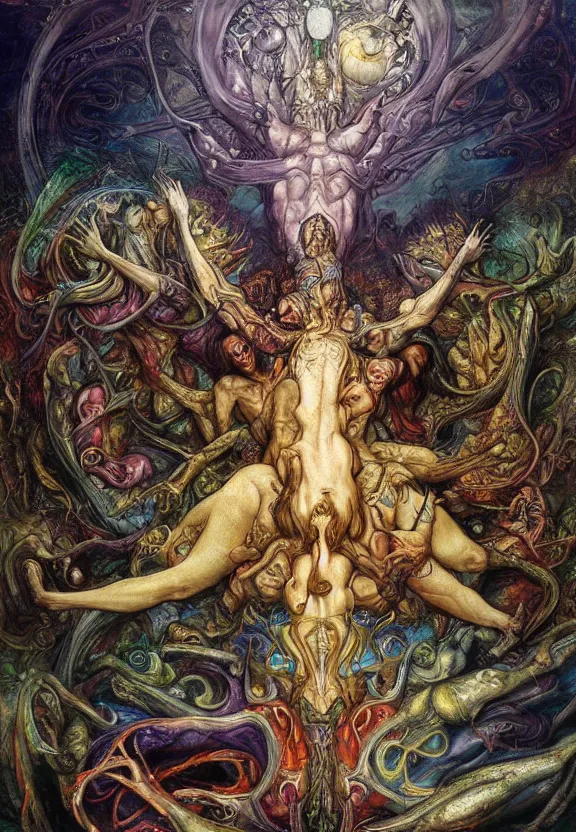 Image similar to colorful muscular eldritch bodies radiating town fractal, by h. r. giger and esao andrews and maria sibylla merian eugene delacroix, gustave dore, thomas moran, pop art, chiaroscuro, biopunk, art nouveau