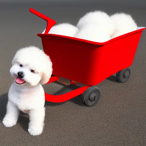 Image similar to a photorealistic photograph of a smiling white Bichon Frisé puppy pulling a little red wagon full to the brim with french fries during sunset at the beach Trending on Artstation, featured on Behance, well-rendered, Unreal Engine, 4K HD